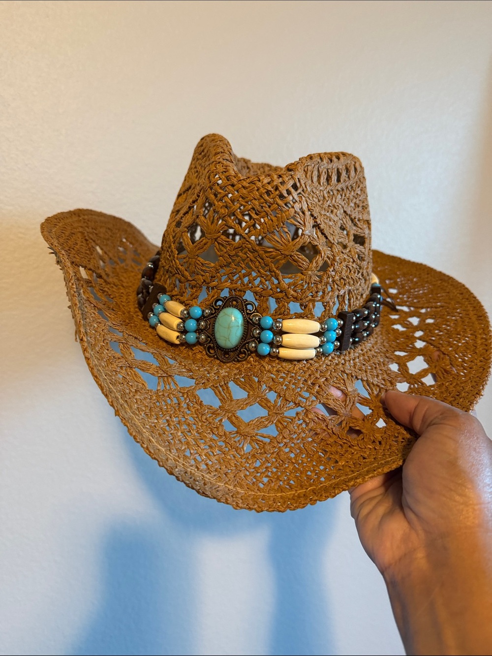 Brown Straw Cowboy Hat with Turquoise Beaded Band